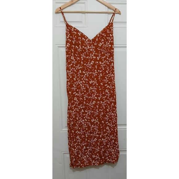 Cotton on womens large rust viscose silk slip dress midi side split floral - Picture 1 of 8